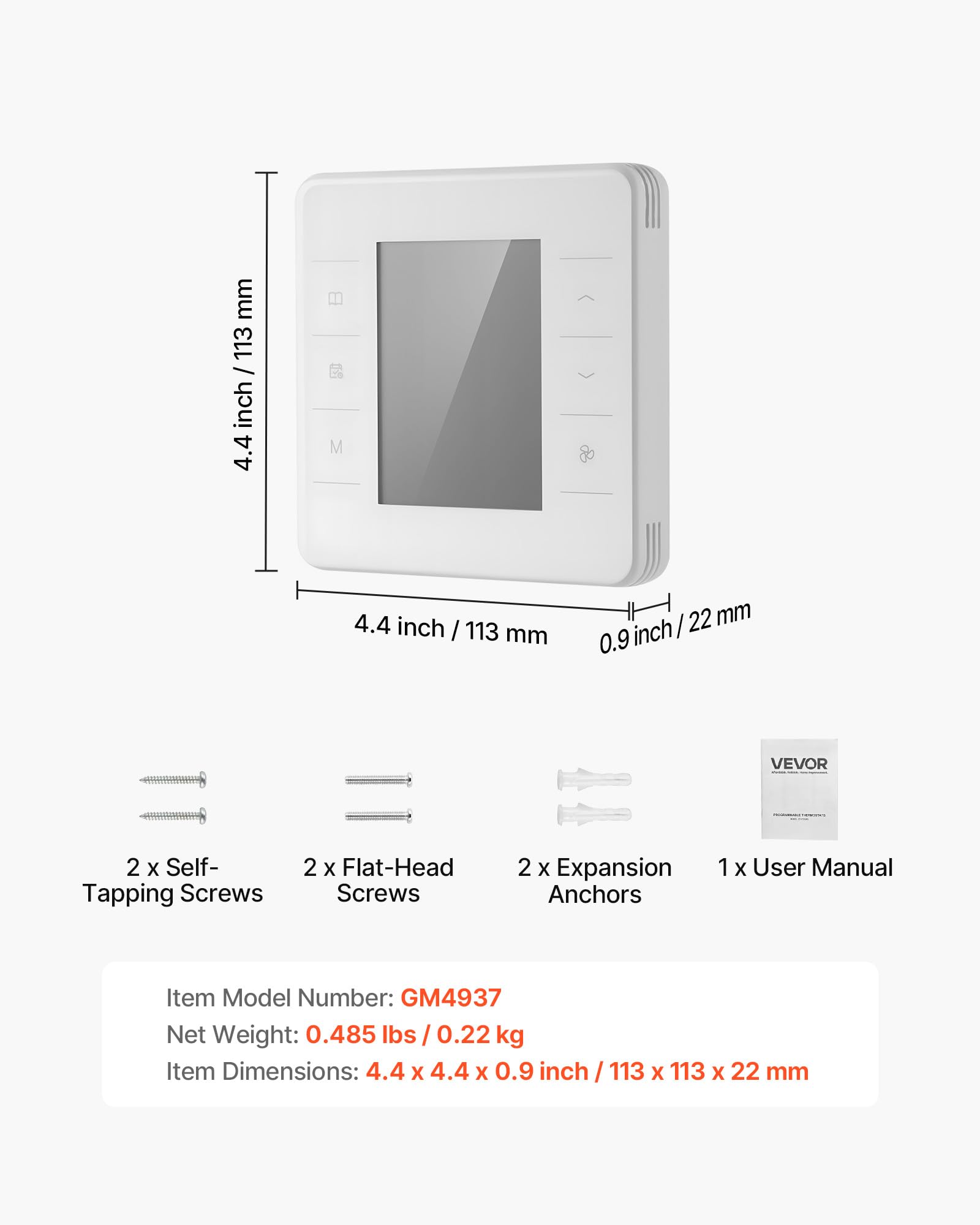 VEVOR Termostato Programable de 7 Días para Bomba de Calor, Aire Acondicionado y Suelo Radiante, Pantalla LED Retroiluminada, Amplio Rango de Temperatura de 5 a 37 °C, Blanco, 163 x 160 x 48 mm