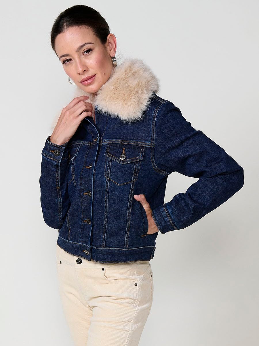 Koroshi Chaqueta cazadora vaquera denim oscuro forro interior efecto pelo y cuello pelo no animal extraíble