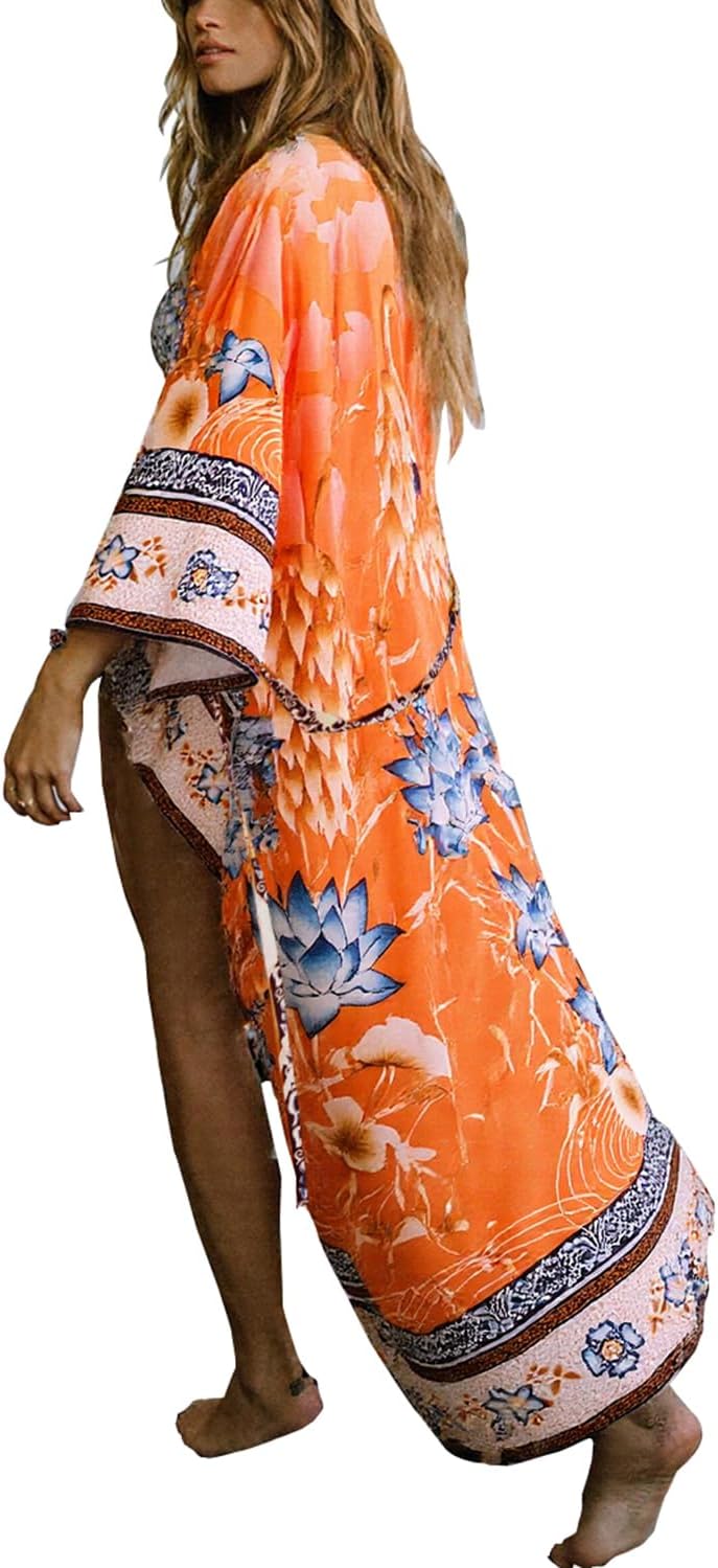 Women's Cotton Cardigan Bohemian Long Kimono Beach Swimsuit Cover Up Dress Plus Size Robe