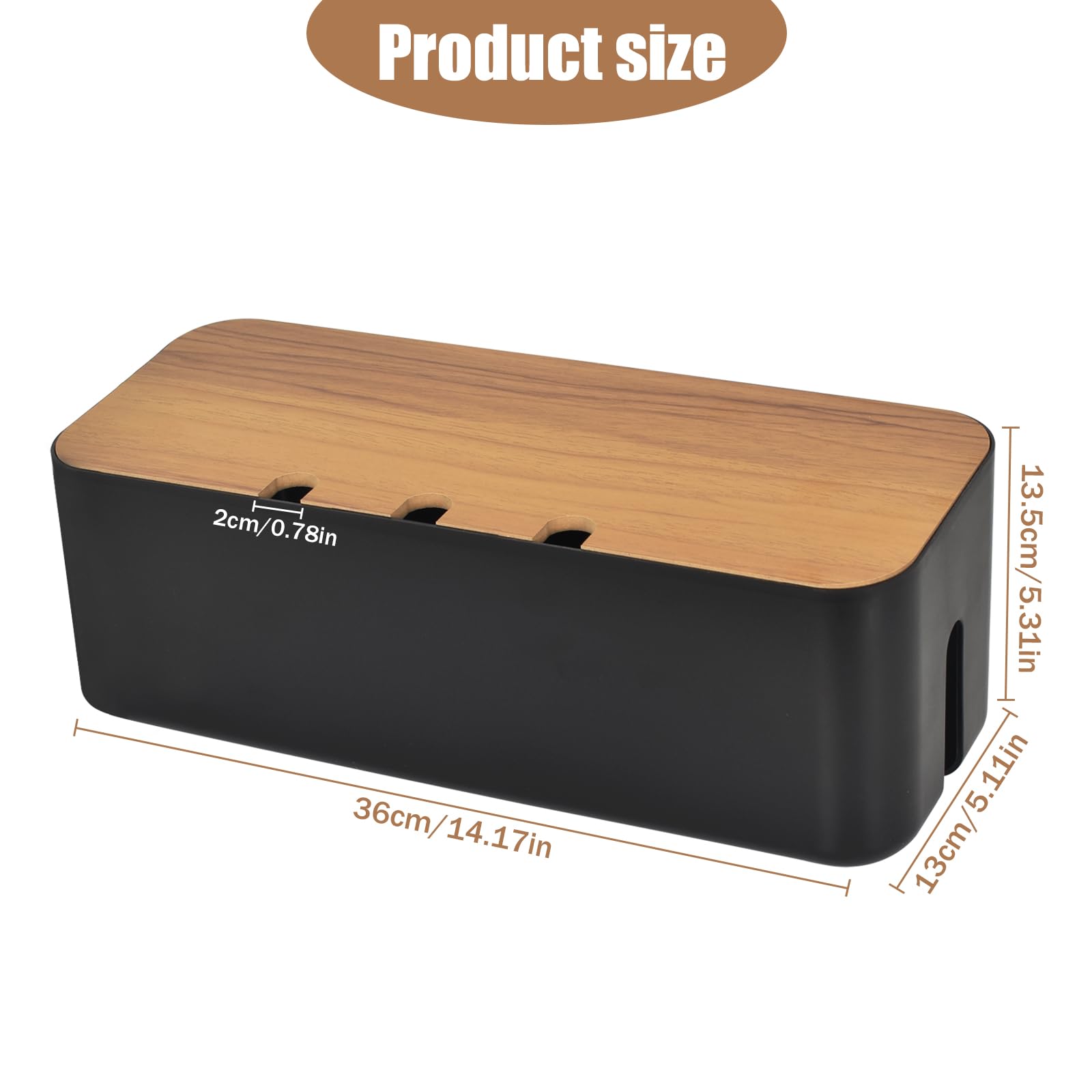 Caja organizadora de cables grande negra con tapa de madera para guardar accesorios y regletas de enchufe para televisores y escritorios en casa y oficina