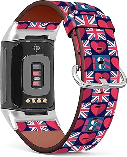 MINGDAO Compatible with Fitbit Charge 5 , Patterned Leather Replacement Band , (London Pattern With Hearts And Union Jack Flag)