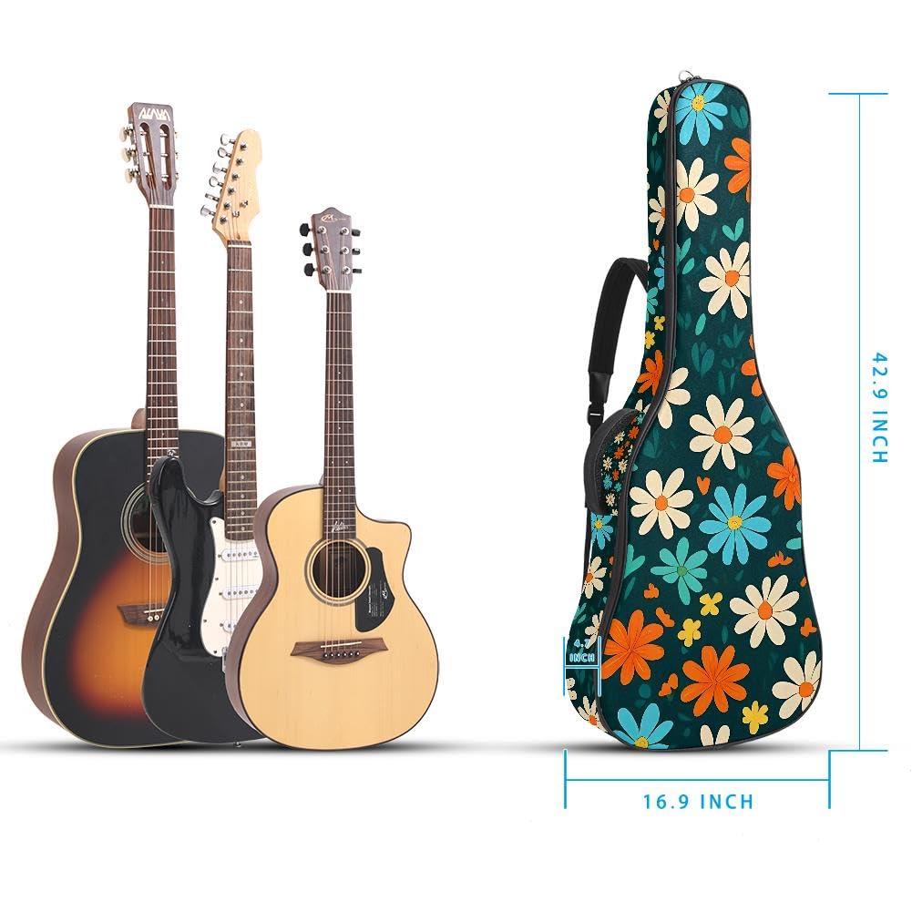 Gitarrentasche, volle Größe, 99 cm, 101,6 cm, 104,1 cm, für Akustikgitarre, Konzertgitarre, 10 mm dick, gepolstert, Gänseblümchen-Motiv, wasserdicht, mit Tasche, verstellbarer Schultergurt