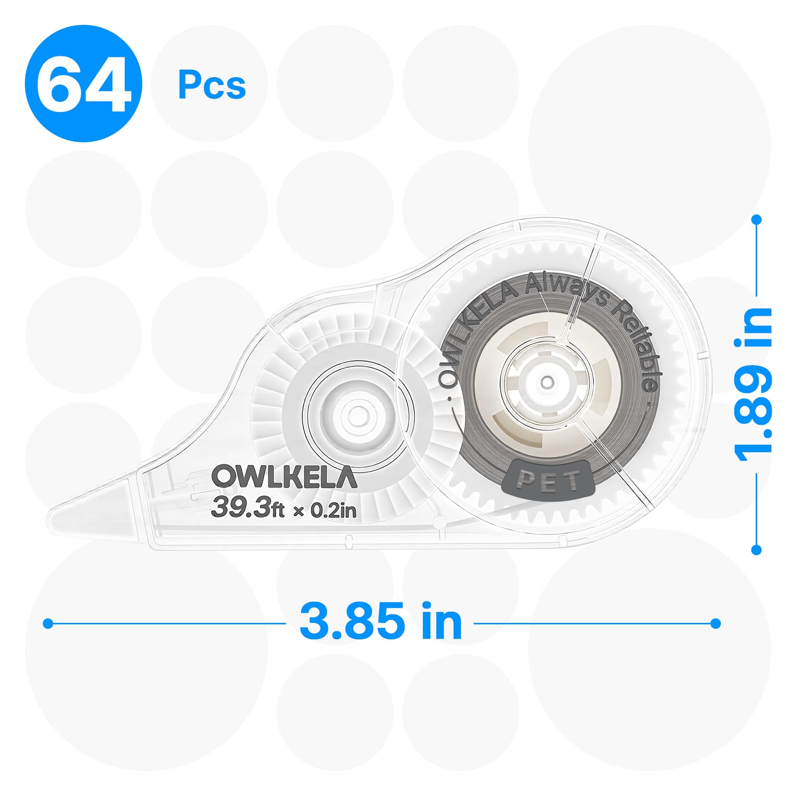 OWLKELA 64 correttori a nastro, 1,9 m, trasparente | Nessun tempo di asciugatura, resistente agli strappi, larghezza 0,5 cm, ideale per ufficio e scuola