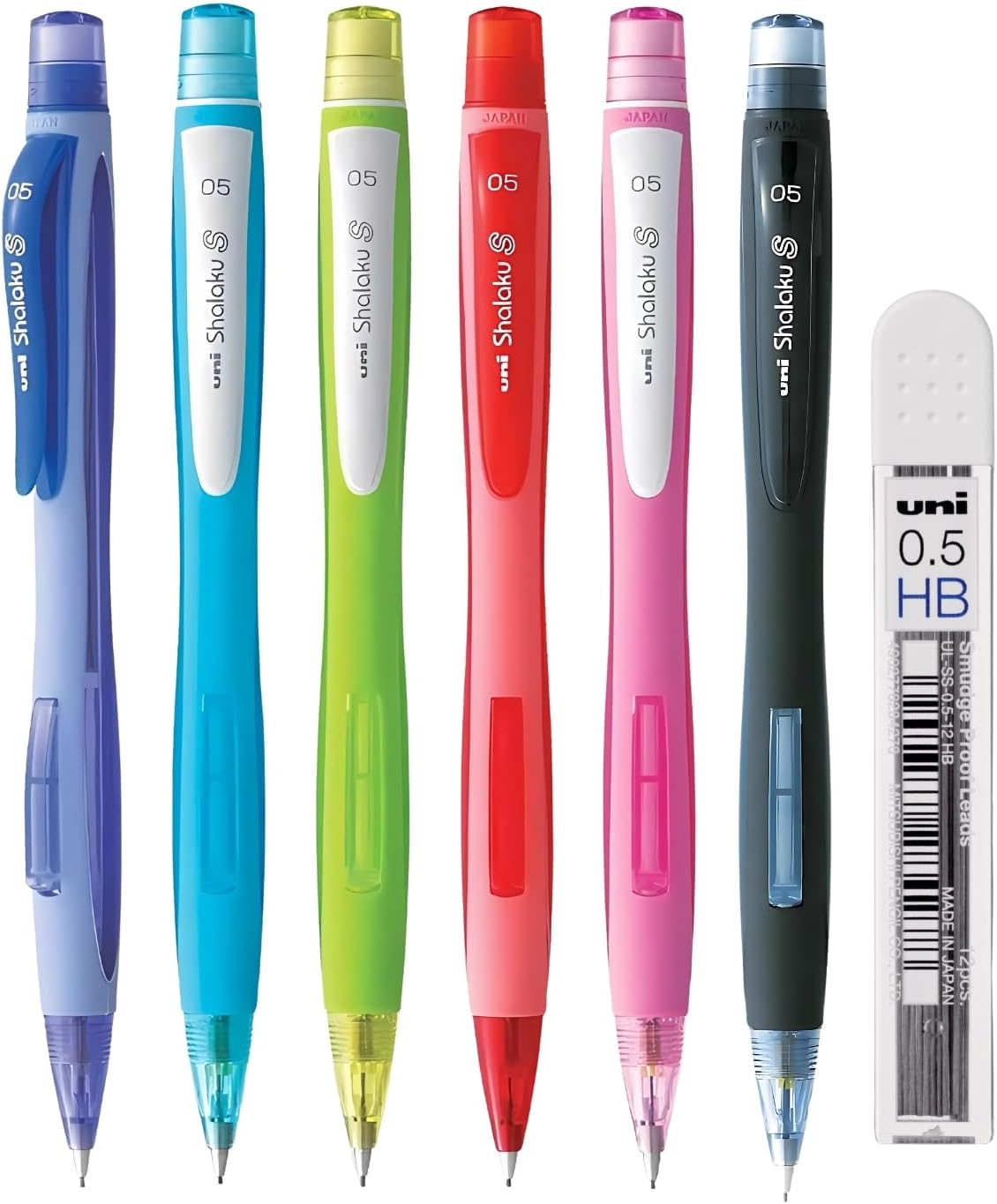 Shalaku 0.5mm Mechanical Pencil (M5-228) & 0.5mm HB Lead | Rubberized Body with Unique Side Click Mechanism | Body Color May Vary, Pack of 6