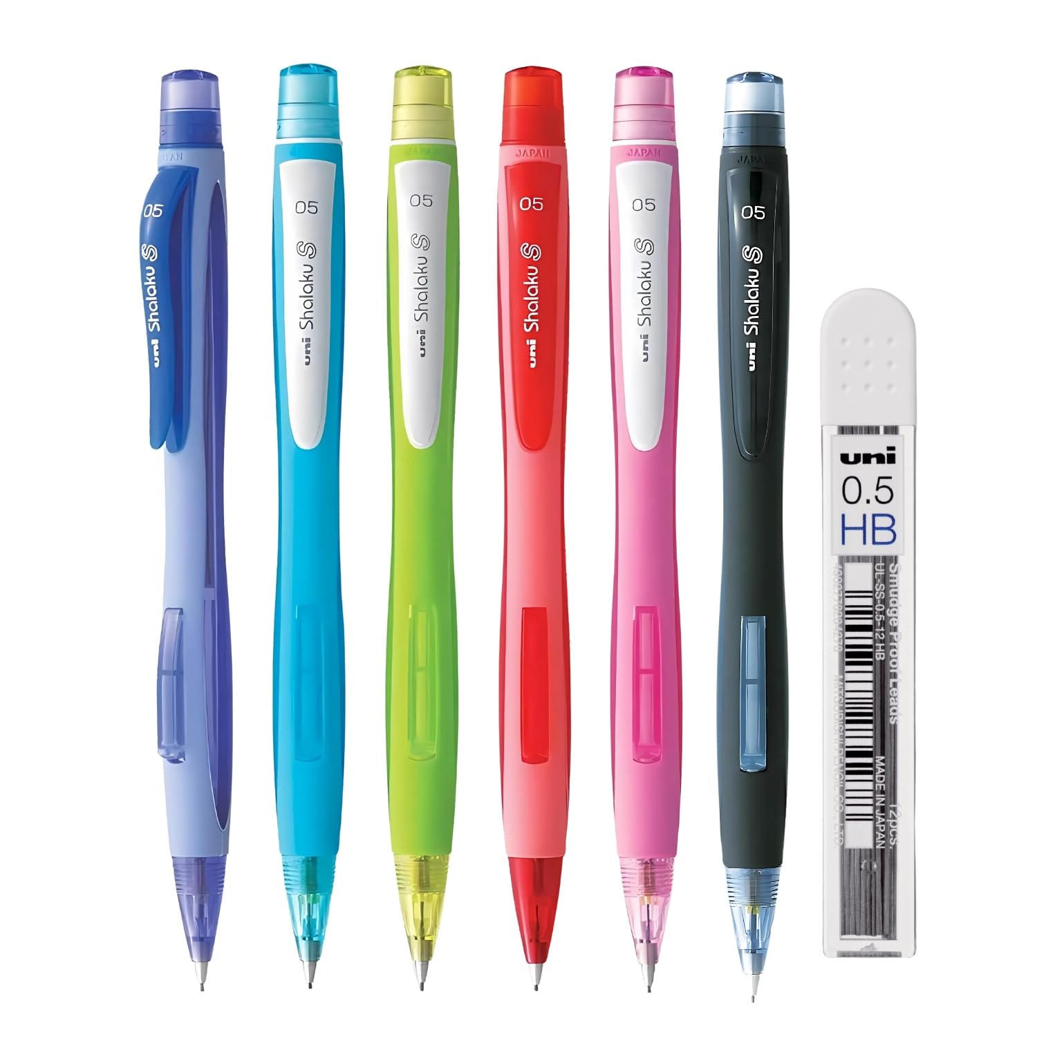 Uni-Ball Shalaku 0.5mm Mechanical Pencil (M5-228) & 0.5mm HB Lead | Rubberized Body with Unique Side Click Mechanism | Body Color May Vary, Pack of 6