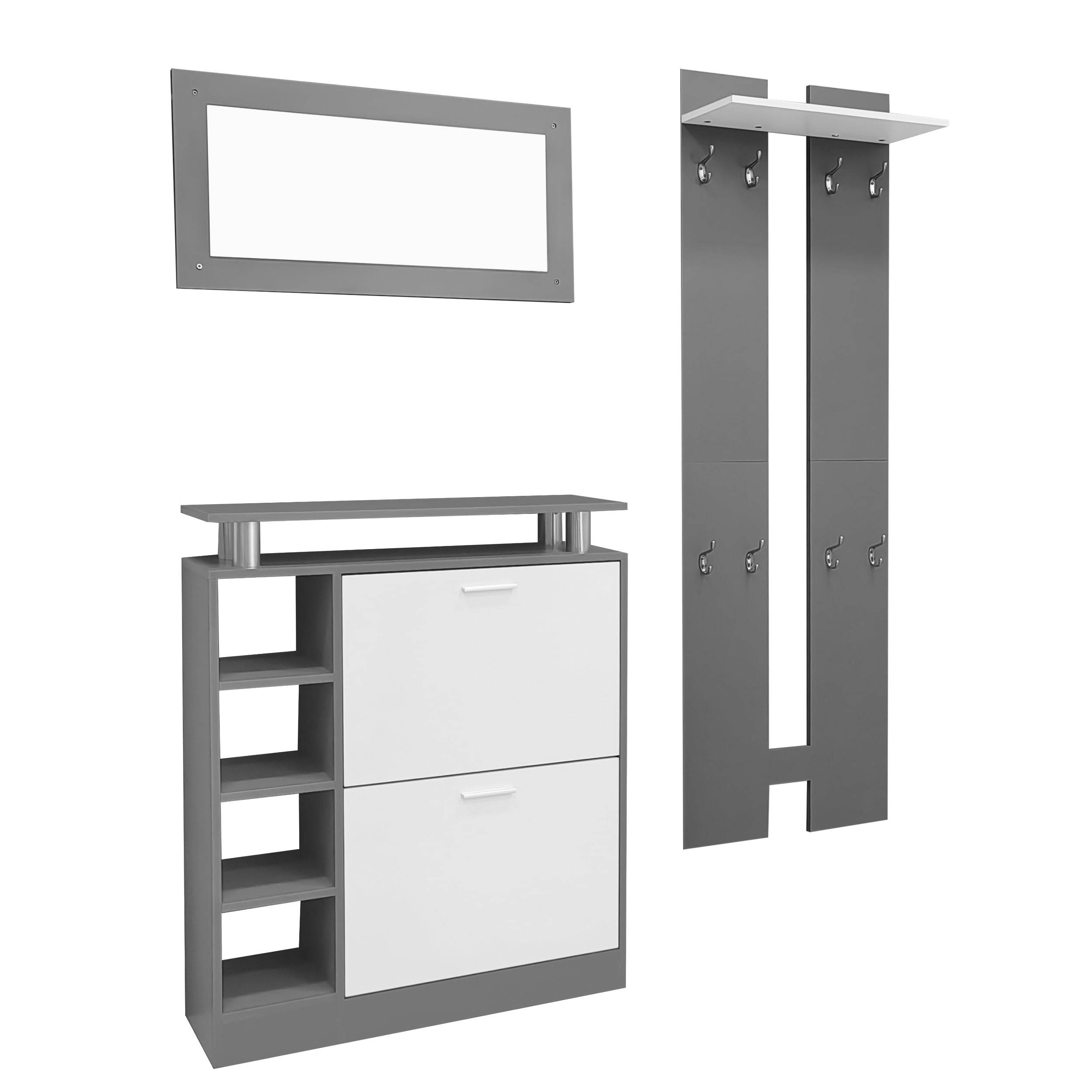 Perchero de pared 80 x 25 x 96,5 cm con espejo – Incluye 2 paneles de pared, estantería y zapatero – Cuerpo gris antracita mate – para pasillo como perchero y soporte de secado