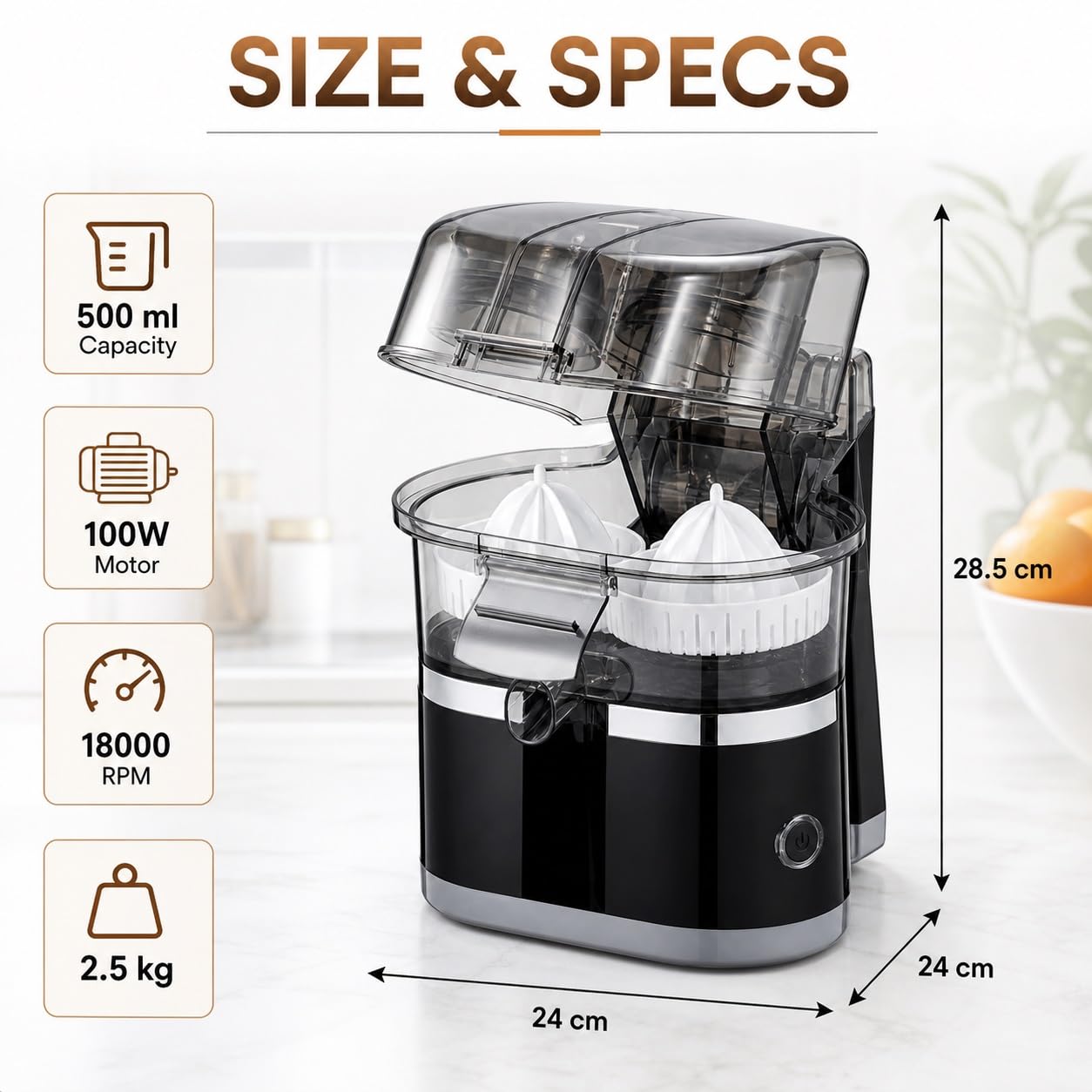 Exprimidor Eléctrico Doble de Cítricos, Prensa de Jugo de Naranja de 500 Ml | Acero Inoxidable, Desayunos Caseros, Prensa Doble, Cámara de 500 Ml, Tasa de Producción del 90 %, Piezas Aptas for Lavavajill