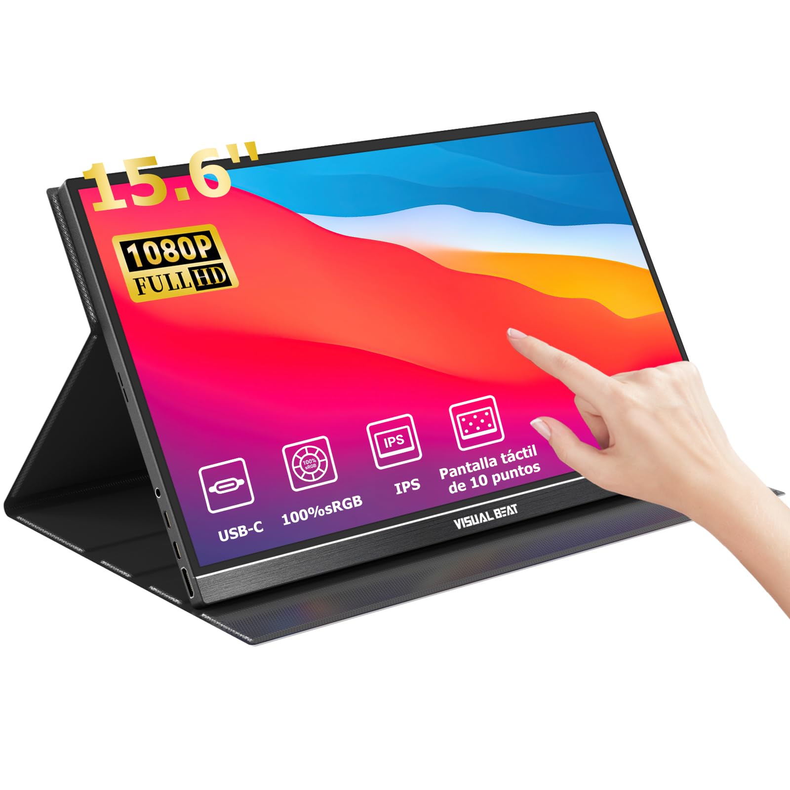 Visual Beat Monitor Portátil Táctil 15,6" Full HD 1080P, IPS 100% sRGB, USB-C y HDMI, Toque de 10 Puntos, Funda Soporte, VESA, para Portátil, PC, Mac y Switch