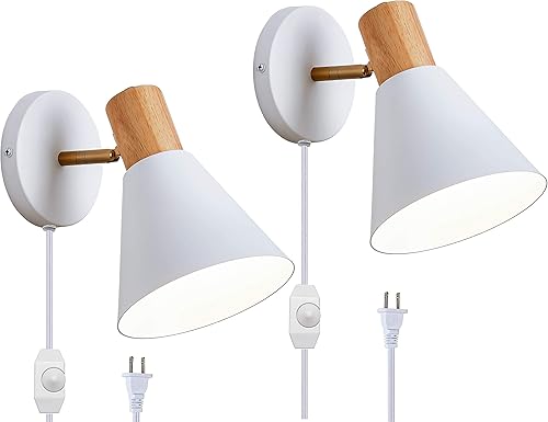 ClanKin Juego de 2 apliques de pared con enchufe para dormitorio, lámpara de lectura de estilo madera regulable, luz de pared ajustable para
