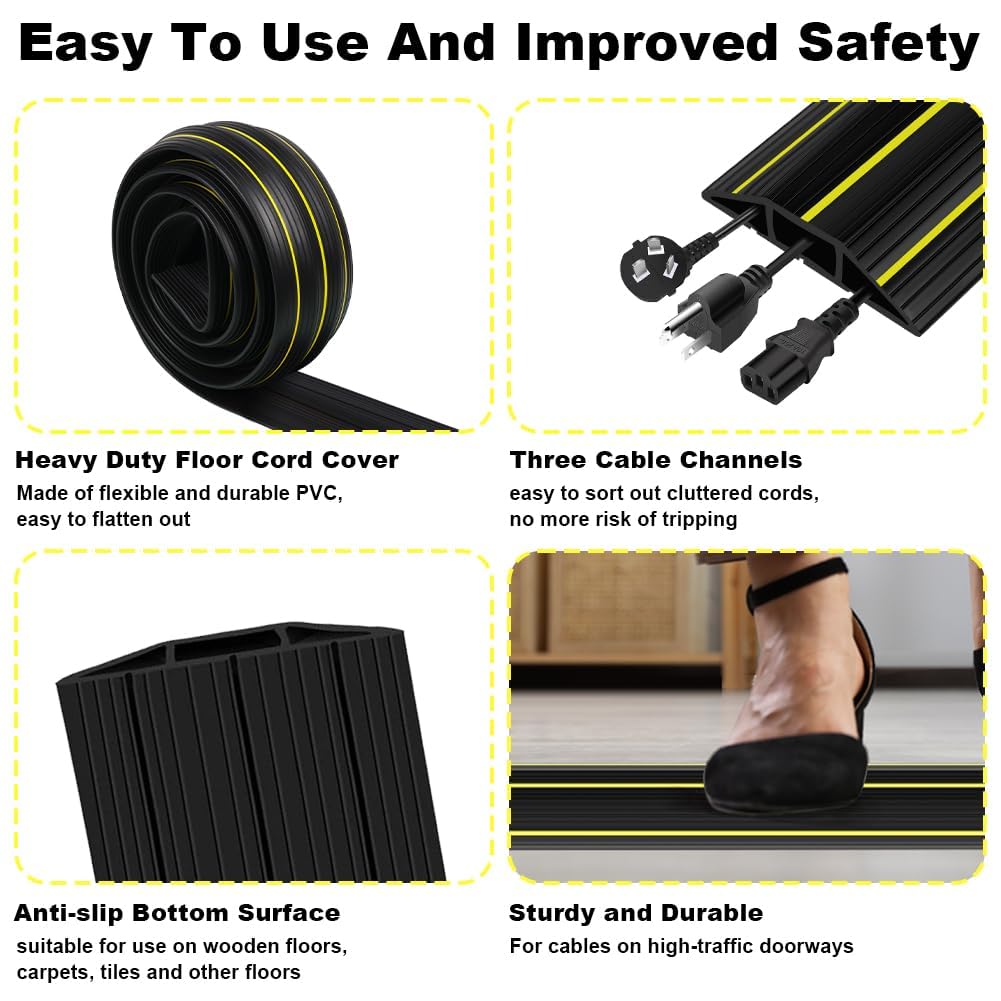 Protector de Canaleta para Cableado, 1M PVC Protectores de Cables de Suelo con 3 Canales de Goma, Cubre Oculta Cables Suelo previene Accidentes, para Hogar Oficina Almacén Conciertos