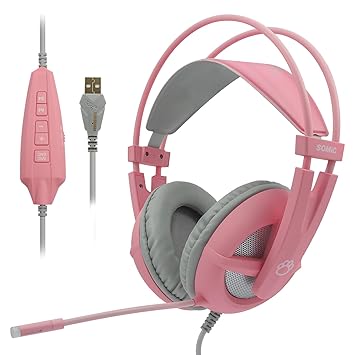 SOMIC Gaming Headset 7.1 Surround Sound for PC, Laptop, Over Ear Wired Headphone with Mic, On Ear Volume Control G238 Pink