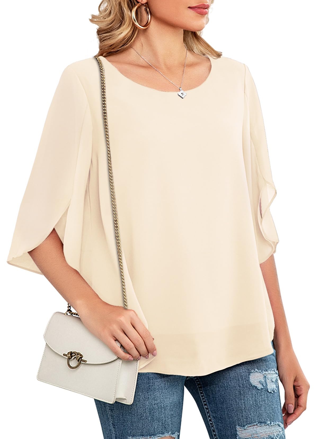 Neineiwu Camicetta da donna in chiffon, casual, con collo rotondo, maniche a 3/4, in rete