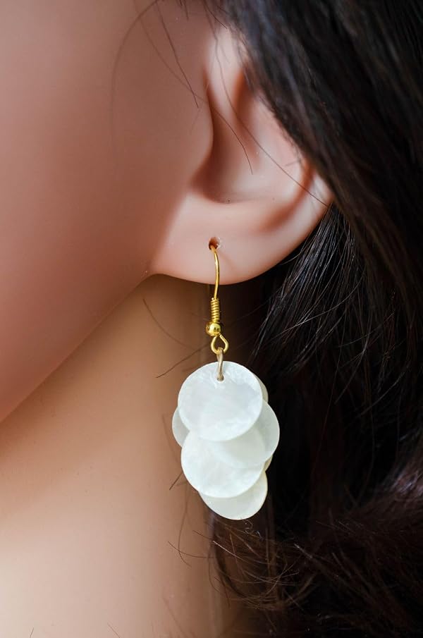 Shell Earrings Miniblings Dangling Pearl Discs Hippie Boho Cream by Miniblings - Used condition - Image 3