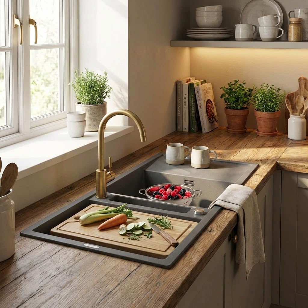Évier de cuisine en granit avec 2 baignoires et égouttoir 116 x 50 cm anthracite - Vora