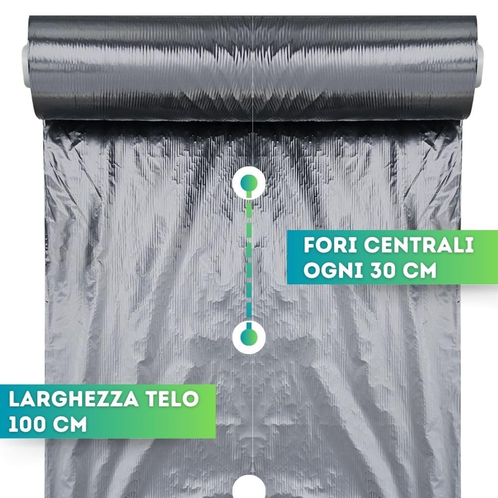 DI GIULIO SRL Telo Nero Pacciamatura 100 Metri x 1 Metro Larghezza con Fori Centrali Ogni 30 cm | Copertura Terreno Pacciamante Antierbacce | Bio Orto