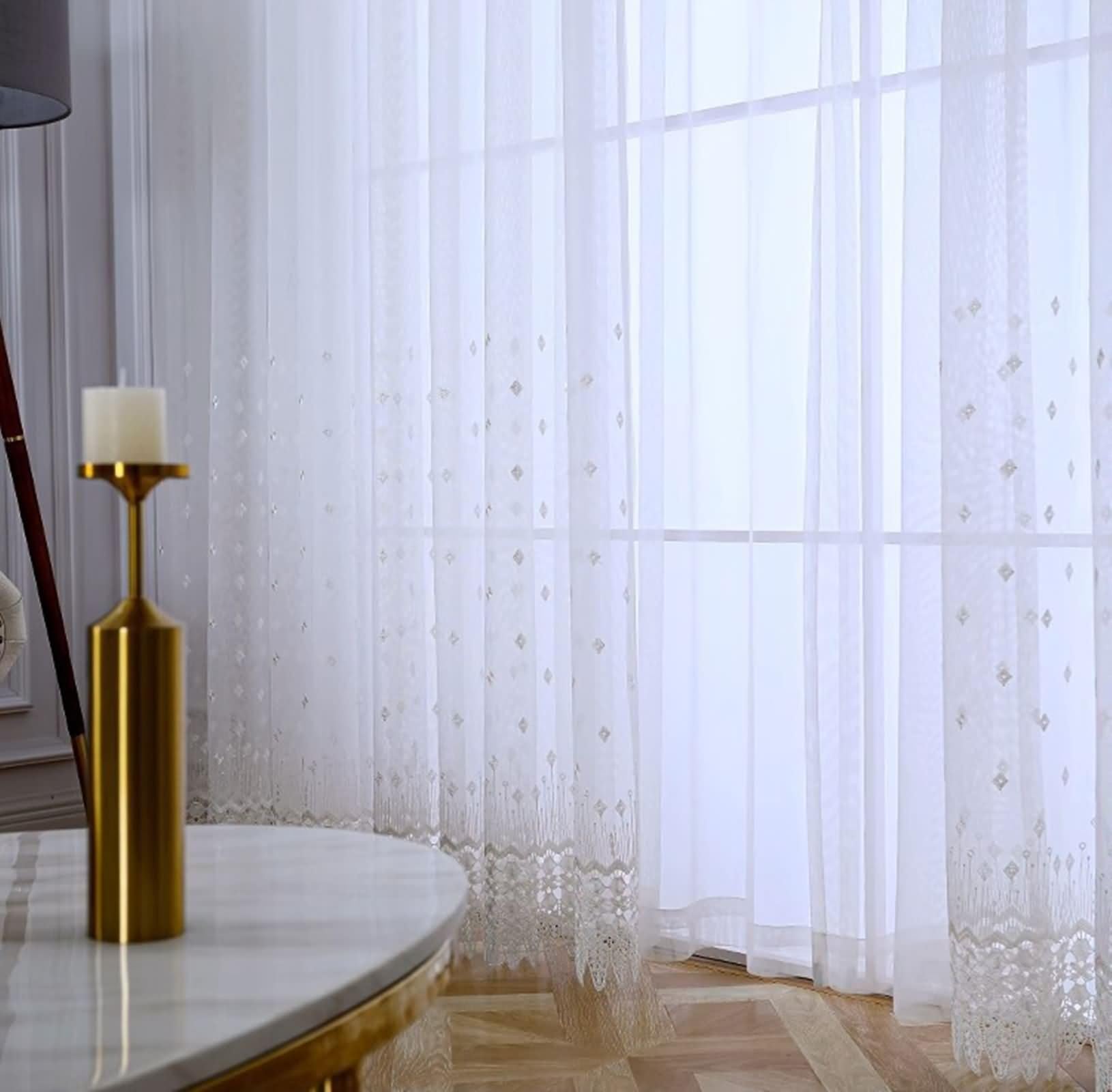 Küchengardinen Durchsichtig, Küchengardine Transparent Beige Weiß Spitzen Stickmuster Polyester Baumwolle 2er Set 96W x 138L cm