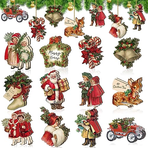 Image of Geelin 24 Pcs Vintage Christmas Ornaments Victorian Xmas Tree Decorations | Santa Claus Candy Cane Wood Cutouts, Retro Christmas Decorations for Xmas Tree Mantel Home Party Holiday Decor