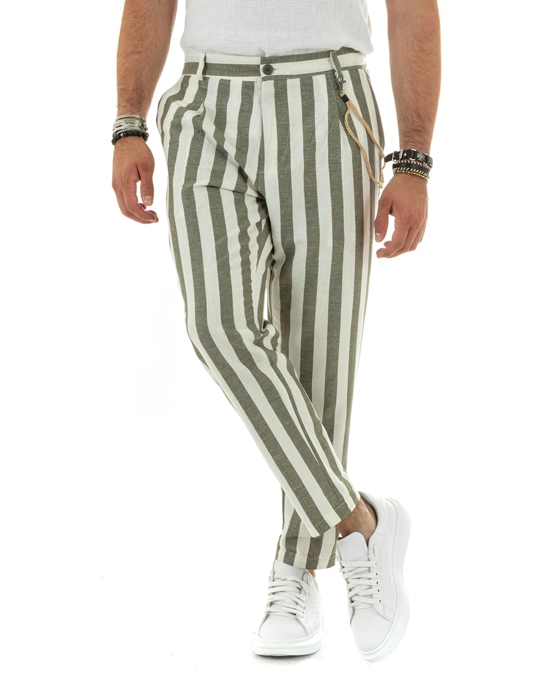 Giosal Pantaloni Uomo Lino Elastico Rigato Chiusura con Bottone Catena Elegante Casual