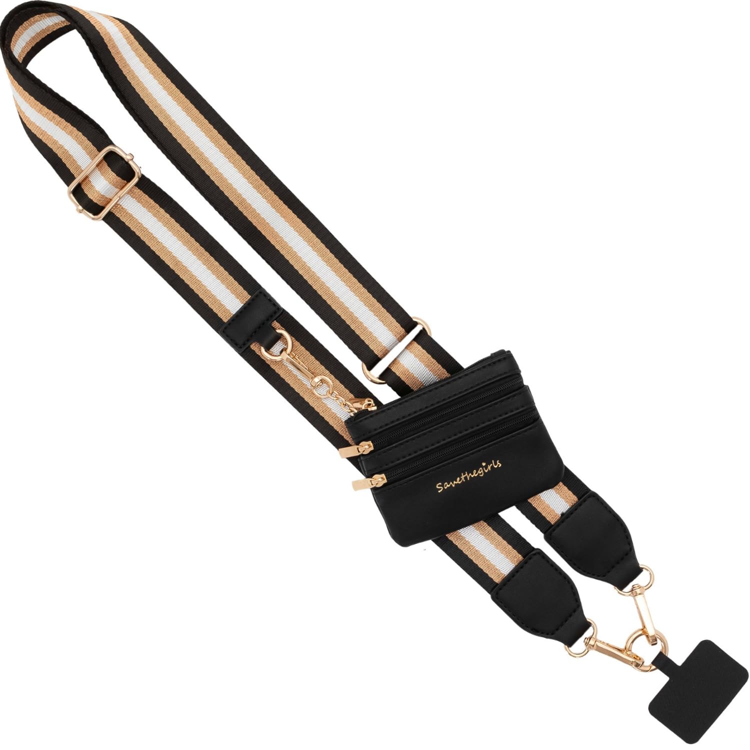 Save the Girls Clip & Go Bold Phone Strap (Stripe Black/Gold/White - Black Pouch) – Crossbody Phone Strap Chain with Zipper Wallet Pouch – Phone