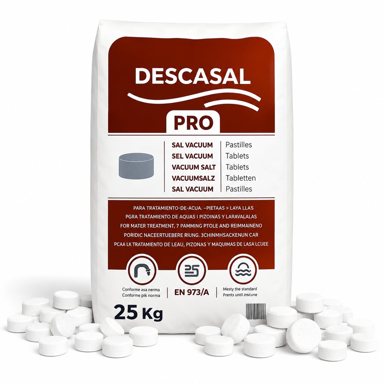 SAL DESCALCIFICADOR 25 KG | SAL NATURAL EN PASTILLAS PARA DESCALCIFICADOR I SACO 25kg | RENDIMIENTO MAXIMO Y DISOLUCION PROGRESIVA.