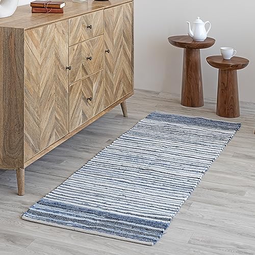 HOMEMONDE Denim Rag Runner Rug 2' x 6' Recycled Soft Cotton Chindi Rugs Hand Crafted Reversible Boho Home Decor for Kitchen, Entyrway, Bedroom, Living Room - Blue