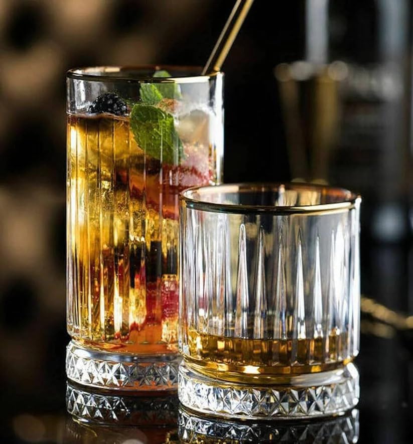 Image of Premium Gold Rim 280ML Water-Juice & Whisky Glasses Set of 6 Crystal Drinking Glass for Water, Juice, Milk,Coke,Beer,Beverage,Vintage Style Home,Office Everyday Use (GDR-02)