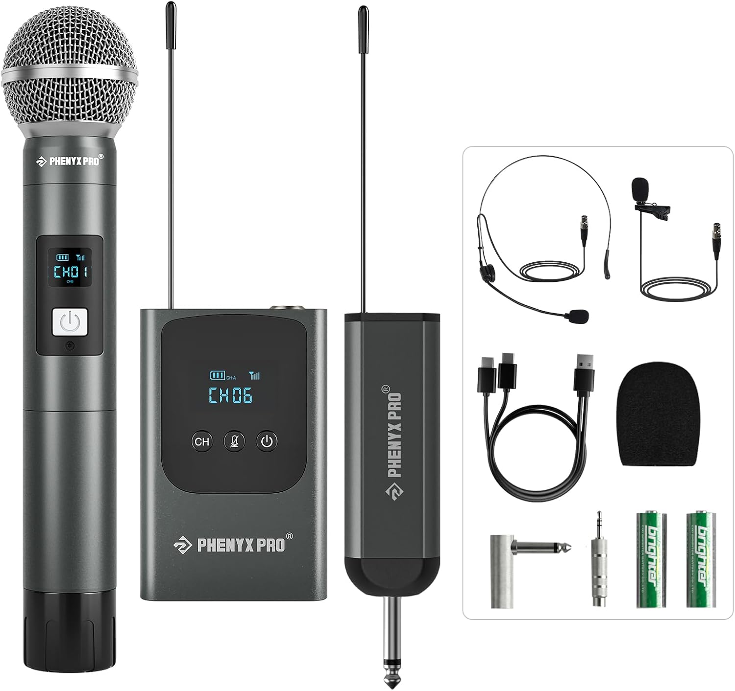 Phenyx Pro Dual Digital Wireless Microphone System, w/Handheld Dynamic Microphone, Bodypack Transmitter, Mini Receiver, 2×15 UHF Frequencies, Headset/Lapel Mic for Singing (PDP-2-1H1B)