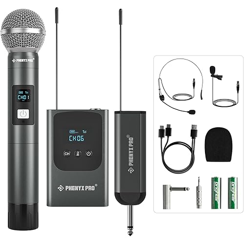 Phenyx Pro Dual Digital Wireless Microphone System, w/Handheld Dynamic Microphone, Bodypack Transmitter, Mini Receiver, 2x15 UHF Frequencies, Headset/Lapel Mic for Singing (PDP-2-1H1B)