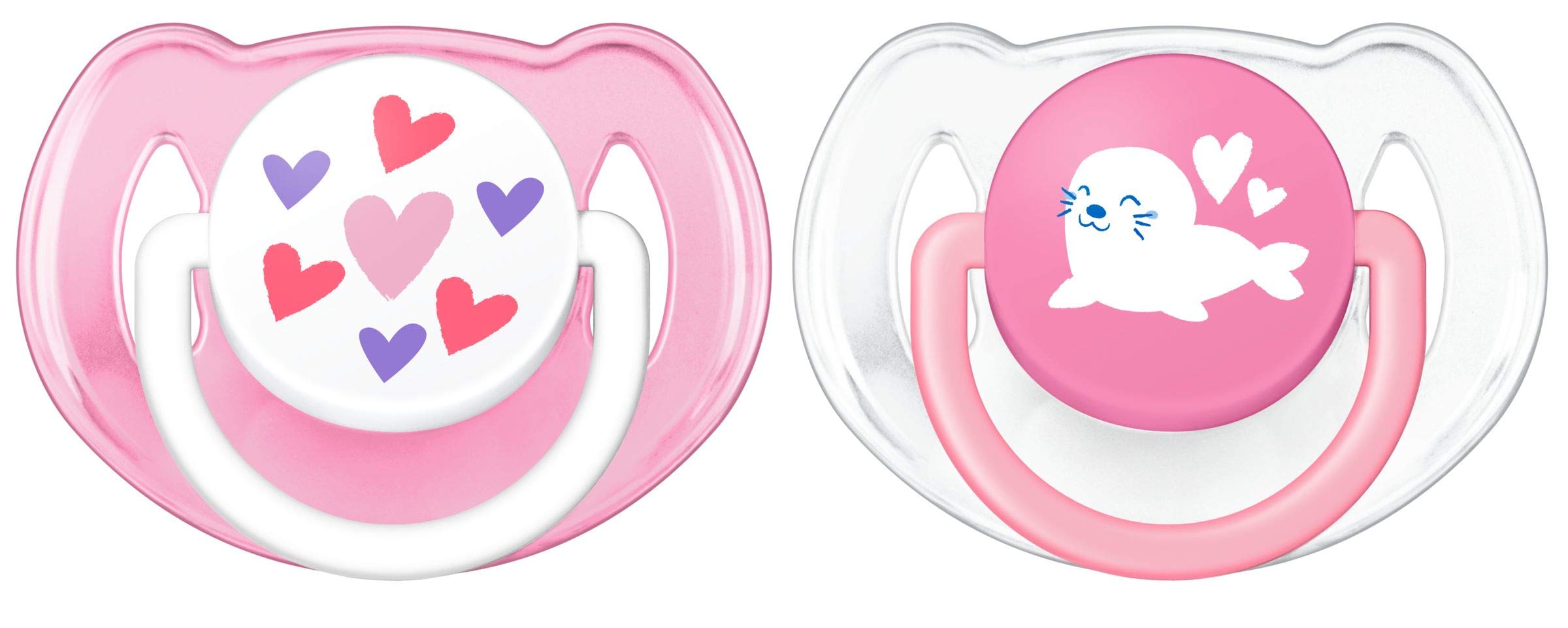 Philips Avent Classic Pacifier 6-18m, 2 Pack Baby Soother, Infant Dummy (Pink Hearts/Seal)