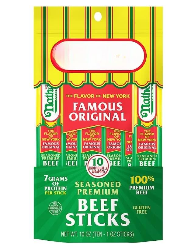 Famous Original Meat Sticks. Each pack includes 10 individually wrapped 1 oz. sticks, making them perfect for on the go enjoyment, lunchboxes, or a quick protein boost any time of day. Crafted with 100 percent beef and premium ingredients, these meat sticks deliver the same iconic flavor that has made Nathan's a household name for over a century. Gluten free and made without artificial colors or flavors, they are a wholesome choice you can feel good about. Each stick is a good source of protein, helping to keep you fueled and satisfied whether you are at work, at the gym, or on an adventure 10 ct 1 oz Each [ 10 oz . 0.6 Pound ]