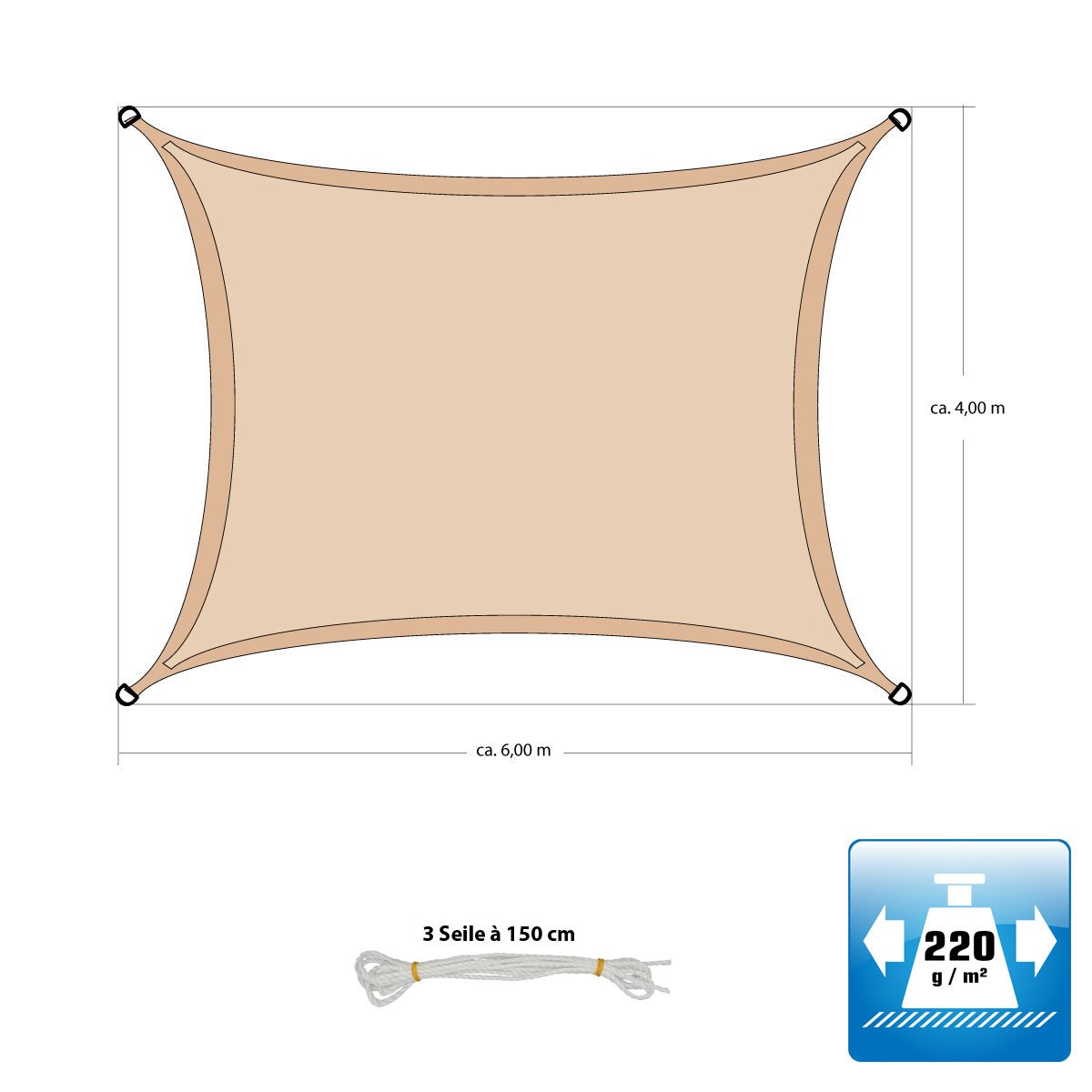 AMANKA Tenda da Sole UV - 6x4 m HDPE Rettangolare Telo di Protezione Solare Balcone Giardino Beige