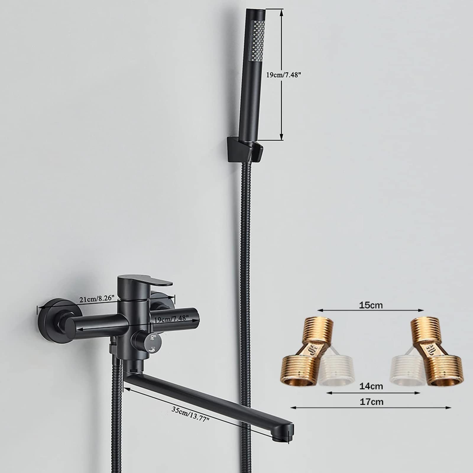 Grifo de bañera de Pared con caño Giratorio Alargado de 35 cm y Ducha de Mano, Grifo de Ducha de bañera de latón Negro Mate, Grifo Mezclador de Agua fría y Caliente para el hogar.