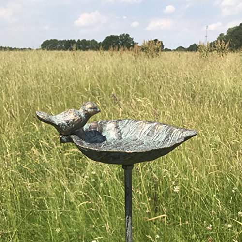 Whw Whole House Worlds Country-Style, Leaf With Bird, Garden Stake Bird Bath, Cast Iron, Rustic Green Patina, 3 Feet 2.5 Inches Tall #TOP2