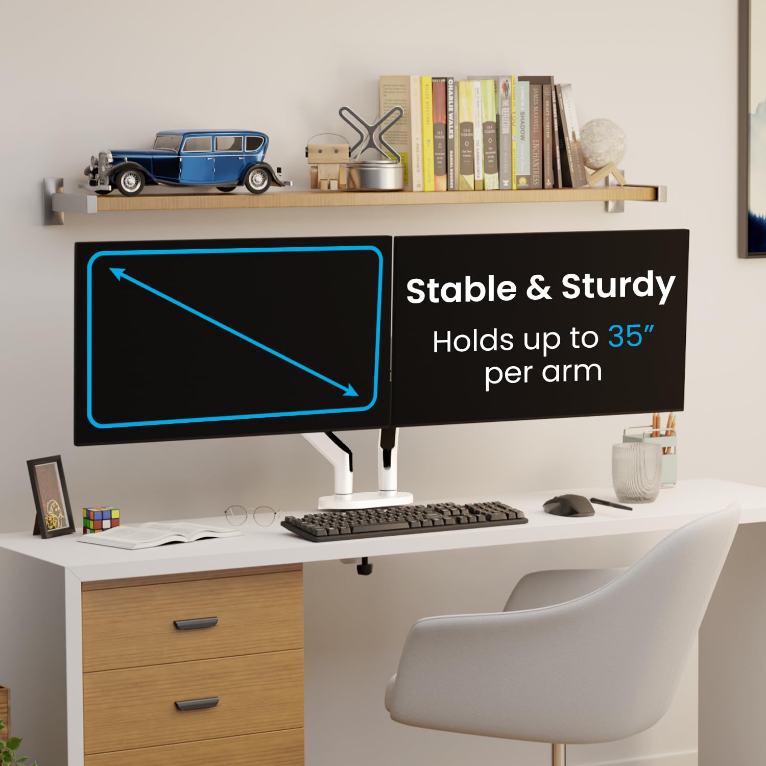 EVEO Premium - Supporto per doppio monitor da 14"-35", staffa VESA regolabile in altezza con molla a gas e supporto per doppio monitor, schermo Full Motion doppio braccio per monitor per computer, per