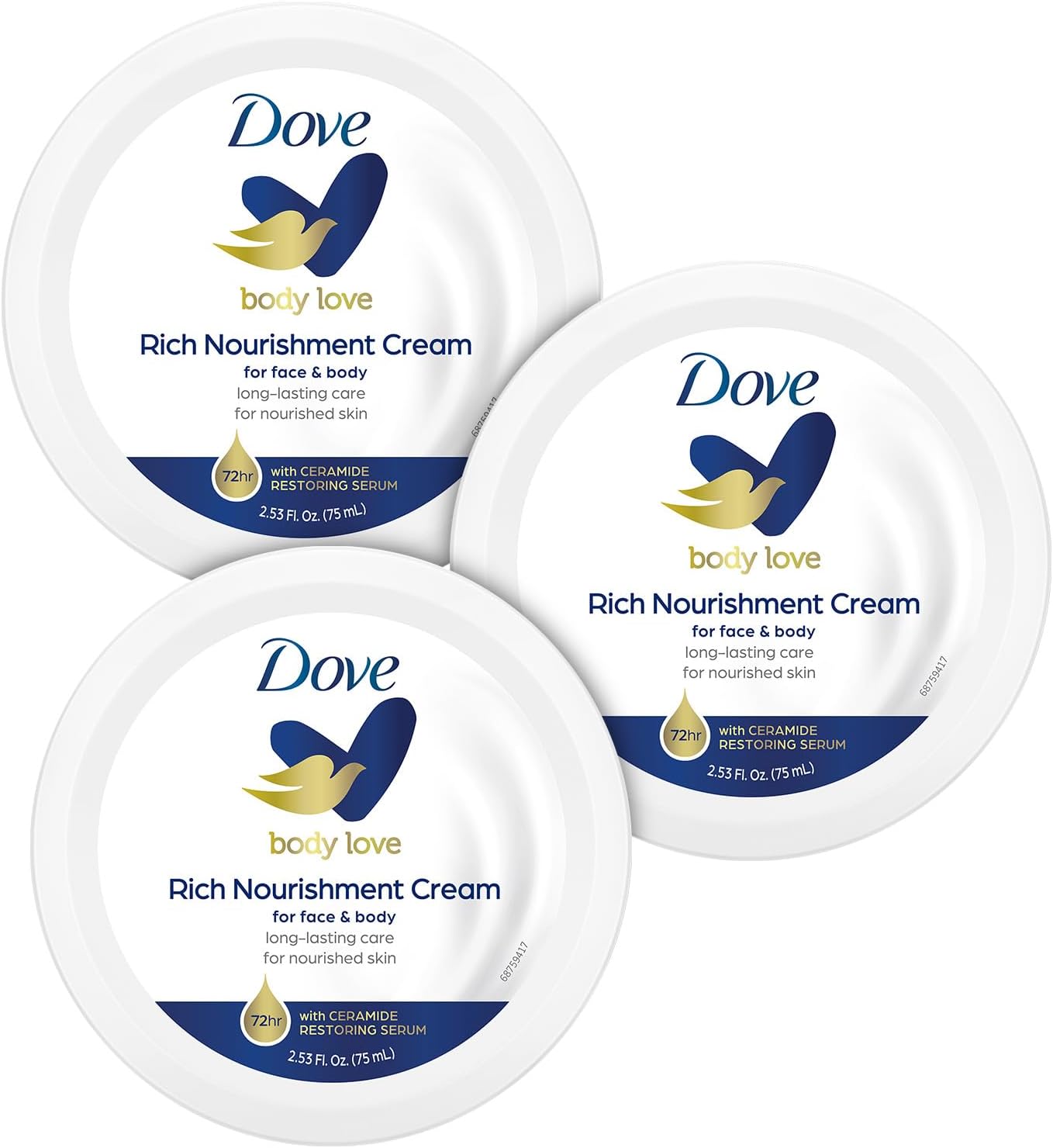 DoveBody Love Rich Nourishment Cream, Face, Hand & Body Lotion for Extremely Dry Skin, Fast-Absorbing 72-Hour Moisturizing Cream with Ceramide Serum, Travel Size, 2.53 Oz (Pack of 3)
