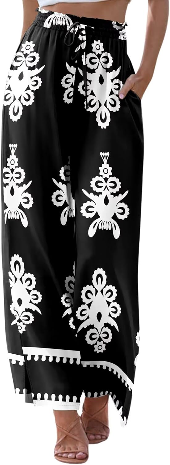 KISSMODA Womens Palazzo Lounge Pants Drawstring Elastic Waist Wide Leg Pants with Pockets Casual Boho Trousers