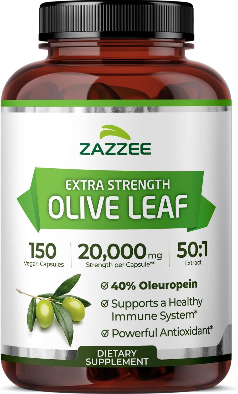 Extra Strength Olive Leaf 50:1 Extract, 40% Oleuropein, 150 Vegan Capsules, 5 Month Supply, Olea Europaea, Mediterranean Source, Potent Antioxidant & Immune Support, Non-GMO, Made in the USA