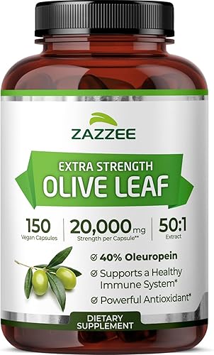 Zazzee Extracto de hoja de olivo extra fuerte 50:1, 20,000 mg de fuerza, 40% de oleuropeína, 150 cápsulas veganas, suministro de 5 meses, extracto