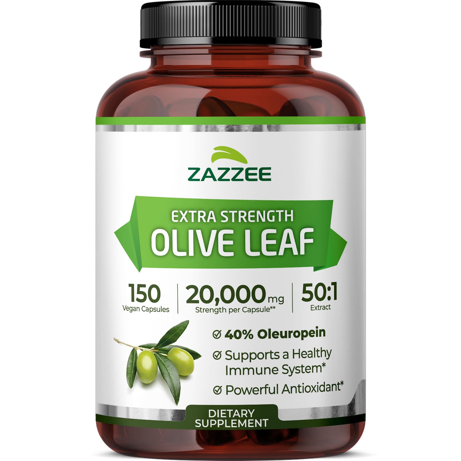 Zazzee Extra Strength Olive Leaf 50:1 Extract, 20,000 mg Strength, 40% Oleuropein, 150 Vegan Capsules, 5 Month Supply, Concentrated and Standardized 50X Extract, 100% Vegetarian, Non-GMO, All-Natural