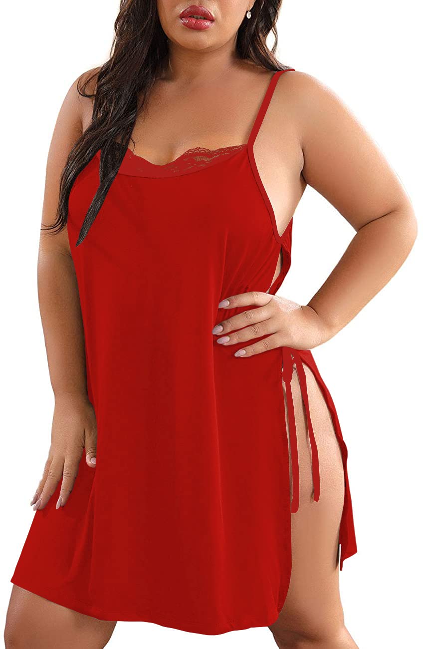 XAKALAKA Women Plus Size Lace Babydoll Lingerie Side Slit Strappy Chemise Sleepwear