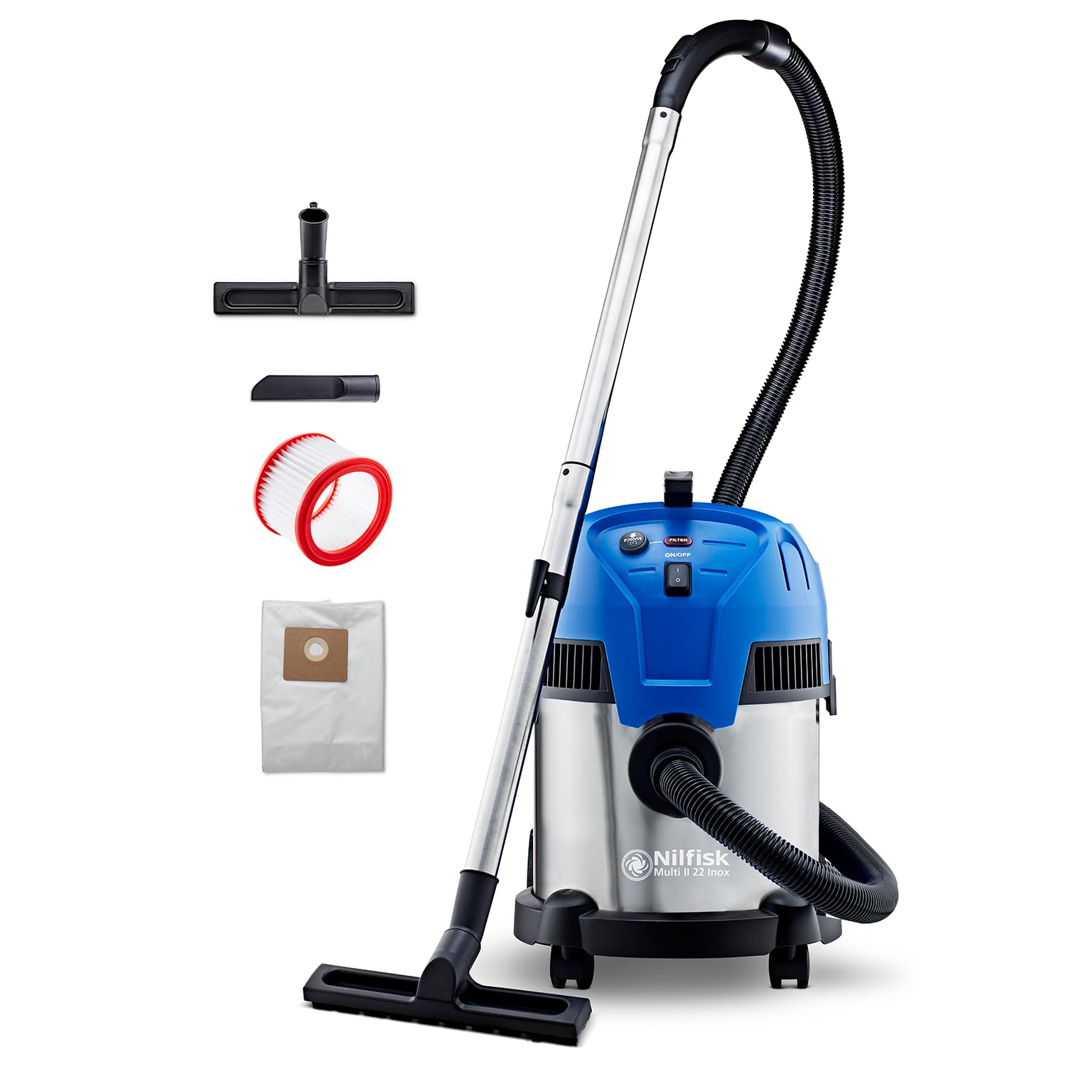 Nilfisk Multi II 22L Aspirador de Agua y Polvo Potente - Aspiradora de Bricolaje para Sólidos y Liquidos, Seco y Húmedo - Déposito en Acero Inoxidable (1200 W)