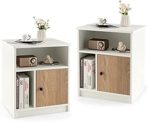 Giantex Juego de 2 mesitas de noche blancas, mesa auxiliar de 25 pulgadas de alto con 1 puerta y 2 estantes abiertos, mesita de noche de madera con