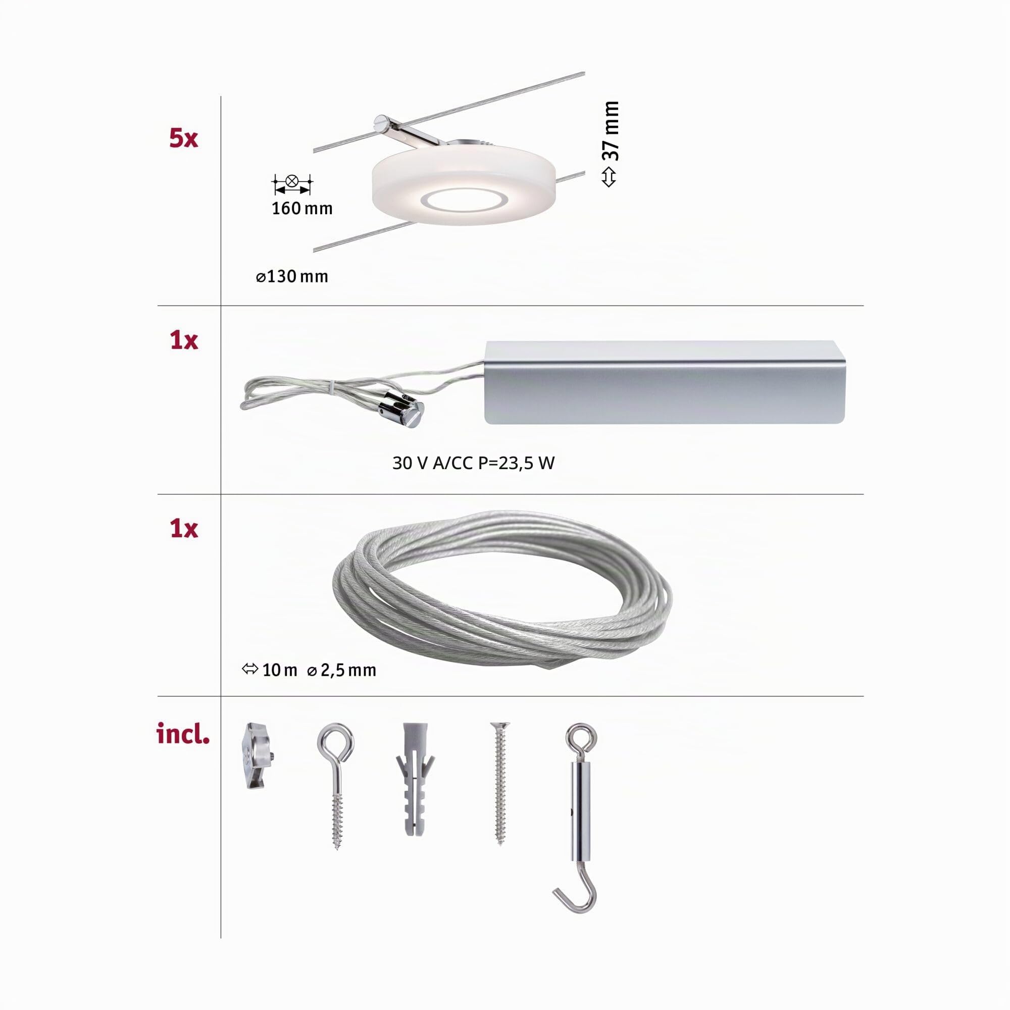Paulmann 941.09 DiscLED1 Système d'éclairage à spots LED - Lumière suspendue avec 5 spots coulissants 4W, câble de 10 m et transformateur de 30VA - Lampes d'intérieur à LED économiques 230/12V, en chrome