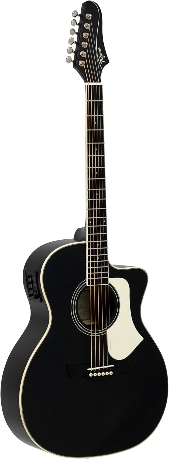 Violão preto modelo Grand Auditorium Cutaway com corpo e braço em madeira, tarraxas cromadas, roseta branca, captador embutido e braço com 20 trastes. Fundo branco, imagem frontal, iluminado.