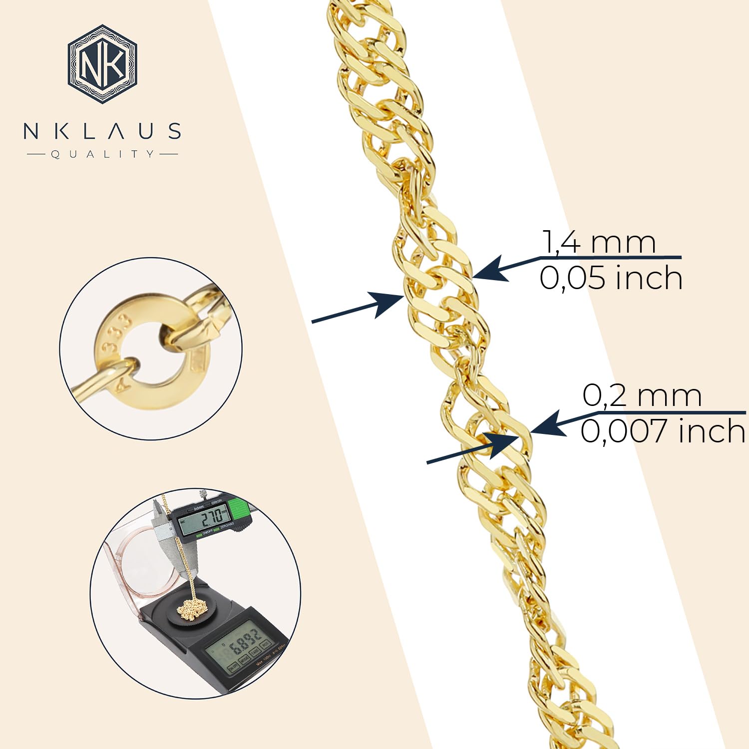 NKlaus Łańcuszek żmijka, złoty, 1,4 mm (długość do wyboru 40 cm – 60 cm), żółte złoto próby 585, łańcuszek na szyję, diamentowana kolia