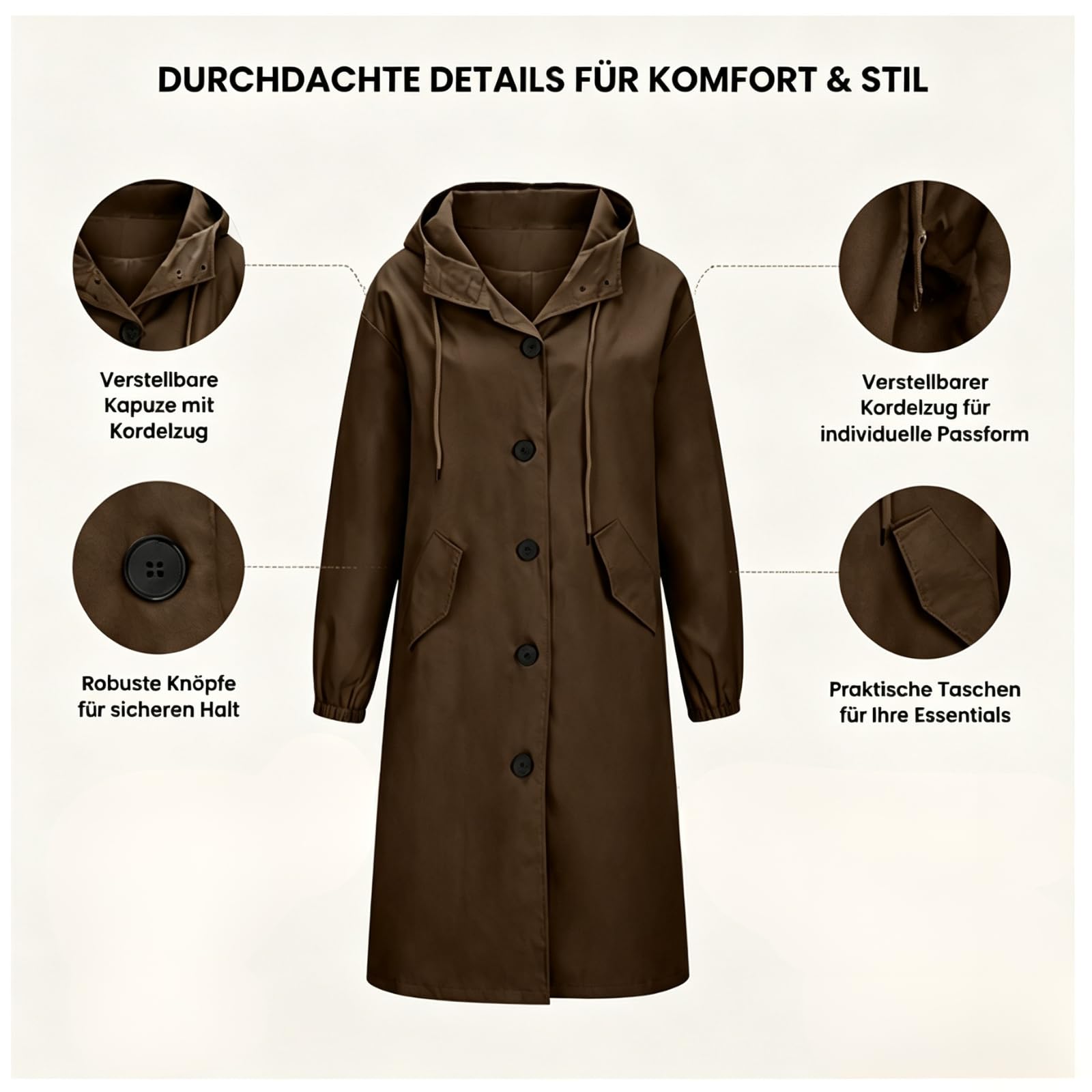 Trenchcoat Damen Kapuzenjacke Lang Mantel Elegante Windjacke Oversize Wintermantel Große Größe Retro Mode Streetwear Business Arbeitsjacke Dünne Übergangsjacke Vintage Klassisch Parka Jacke mit Kapuze