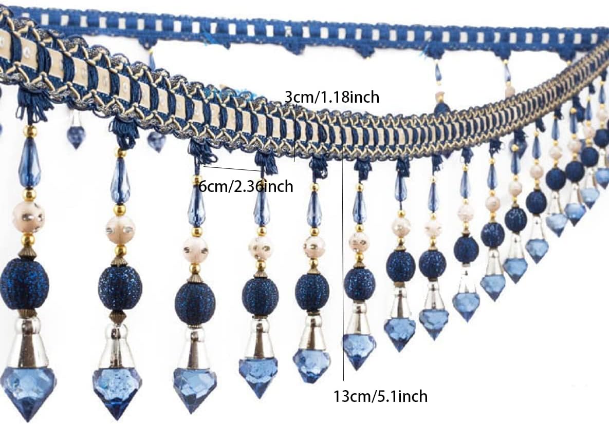 Yalulu 4 Yards Braided Hanging Beads Tassel Trim Fringe Fabric Ribbon Trimming Handwork DIY Craft Sewing Accessory Lace for Home Curtain Table Decoration (Blue)