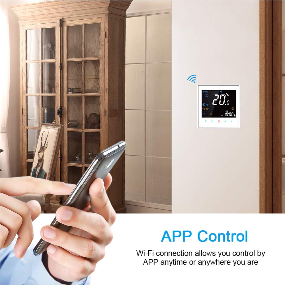 Smart Wifi Termostat Programowalny termostat wody Wyświetlacz LCD Regulator temperatury współpracuje z Alexa Google Home IFTTT 5A 95~245VAC, biały panel koloru czcionki (regulowana jasność)