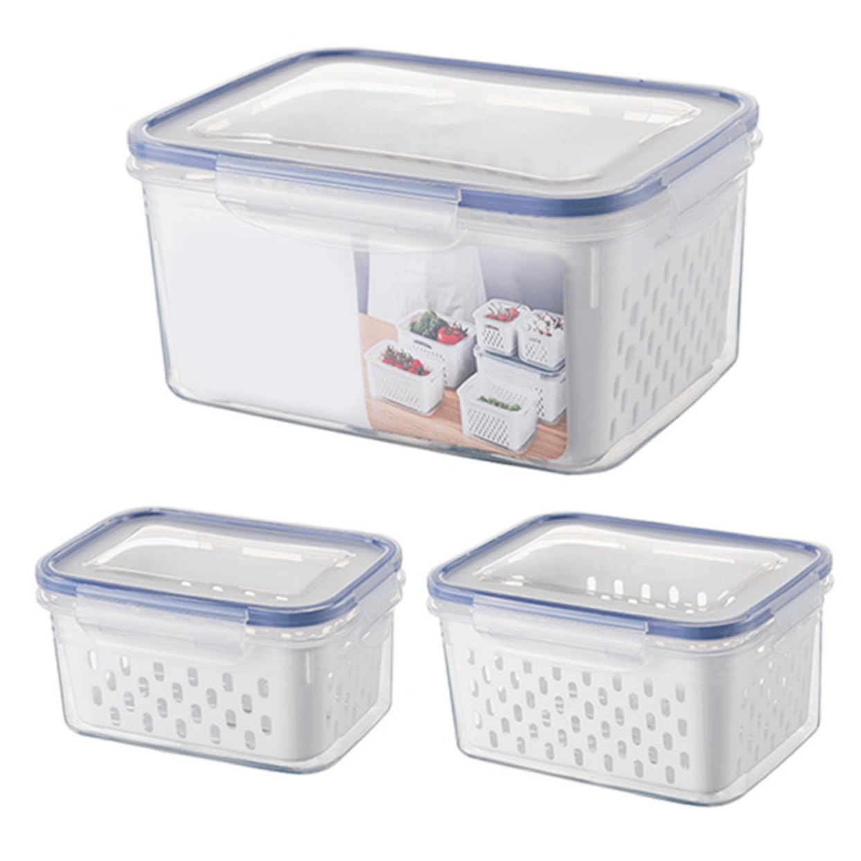 Alipis Set 3 Pezzi Contenitori per Frutta e Verdura con Coperchio, Design Trasparente in Pp, Capacità 850ml 1750ml 3300ml con Scolapiatti Rimovibile per Frigorifero