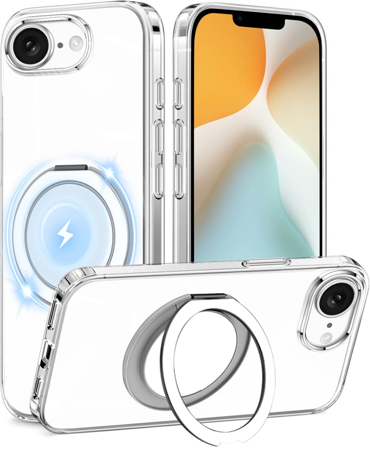 Cexitesuo For iPhone 16e / 17e ケース クリア リング付き 360°回転スタンド MagSafe対応 ワイアレス充電対応 耐衝撃 アイフォン 16e カバー 薄型 軽量 人気 iphone17e スマホケース 透明 PC + TPU 車載ホルダー対応 (クリア)